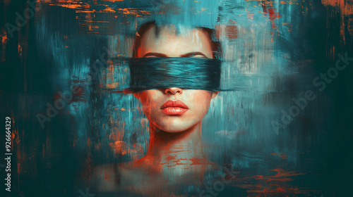 A woman's eyes covered representing censorship in teal hues