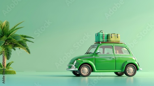 Green vintage car with luggage on the roof, palm tree on a green background.