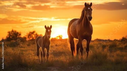 Silhouette of Two Horses Grazing in Golden Sunset Landscape