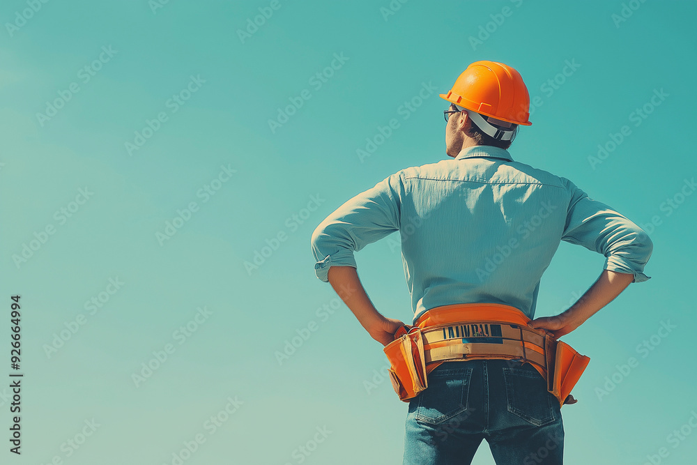A builder in a helmet stands with his back and looks into the distance. Construction industry. Head of the section. General contractor A builder in a helmet stands with his back and looks into the distance. Construction industry. Head of the section. General contractor