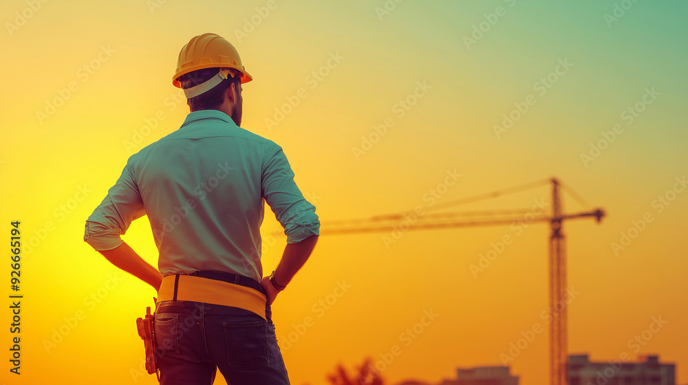 A builder in a hard hat stands with his back and looks into the distance against the backdrop of the construction site. Construction industry. Head of the section. General contractor