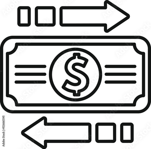 Line art vector icon of a banknote with arrows pointing in opposite directions, representing the concept of money transfer
