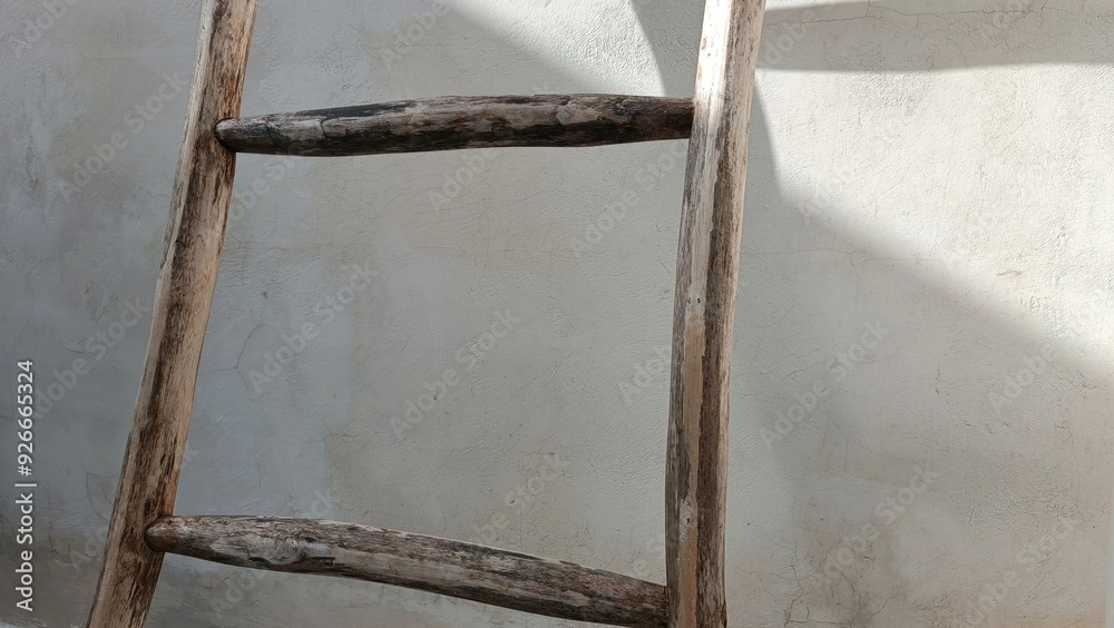 Rustic Wooden Ladder Leaning Against White Wall