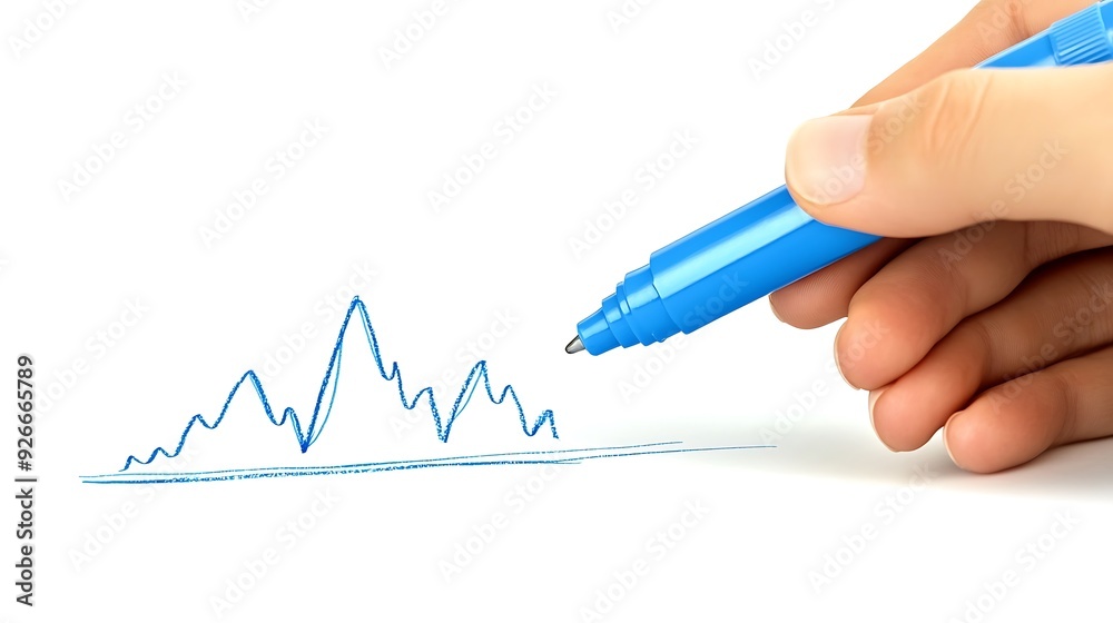 Hand drawing a blue line graph with a blue marker on a white background. Hand drawing a blue line graph with a blue marker on a white background.