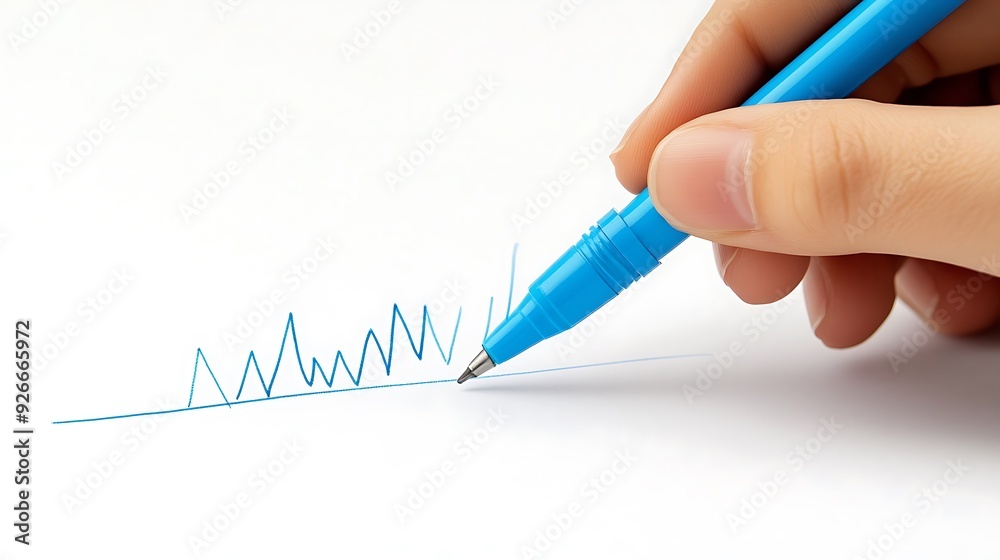 Hand drawing a blue zig-zag line with a pen on white paper. Hand drawing a blue zig-zag line with a pen on white paper.