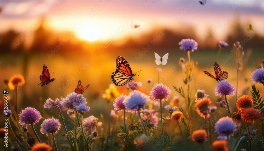A beautiful scene of flowers and butterflies in a field at sunset enjoying nature's beauty A beautiful scene of flowers and butterflies in a field at sunset enjoying nature's beauty