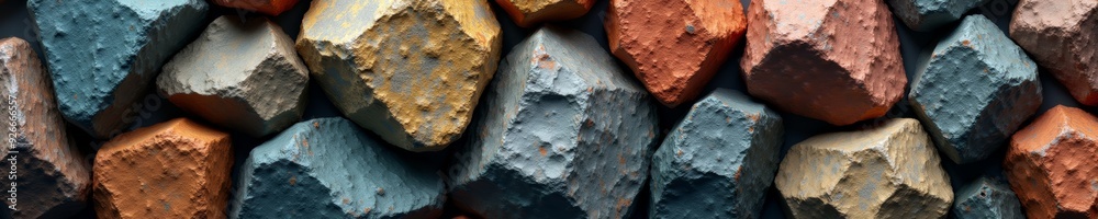 A detailed close-up of rough, angular stones with a mix of earthy blue and rust tones, showcasing the natural texture and geometric shapes.
