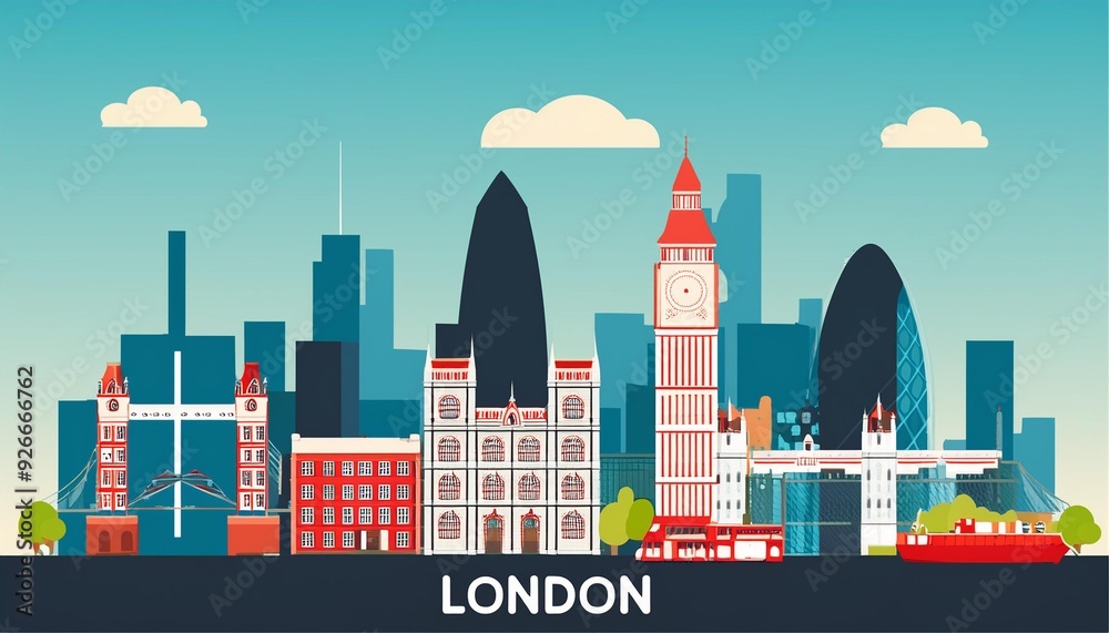City of london skyline with flat style buildings in travel and business concept illustration City of london skyline with flat style buildings in travel and business concept illustration