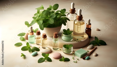 cosmetics product display, skin care, vials and oils, spa accessories, candles, herbs and stones, on a soft pastel background