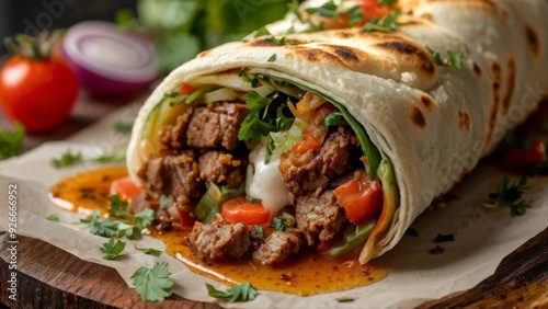 A delicious dürum roll, with its thin, rolled flatbread filled with spiced meat, fresh vegetables, and creamy sauce.