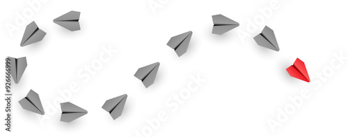 Individual red leader paper plane lead other. Business and leadership concept