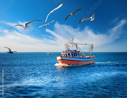 Fishing boat sailing in the ocean with seagull flying above on a beautiful summer day photo