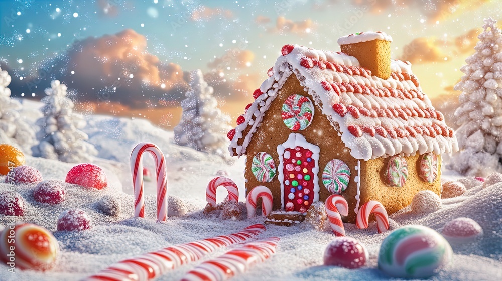 Naklejka premium Whimsical Gingerbread House Poster: Create a Cheerful Holiday Atmosphere with Colorful Decorations, Surrounded by Candy Canes and Gumdrops in a Snowy Landscape!