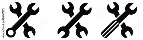 Wench icon set. Crossed wrench tool with ratchet vector icon set. Symbol and sign of hand tool.