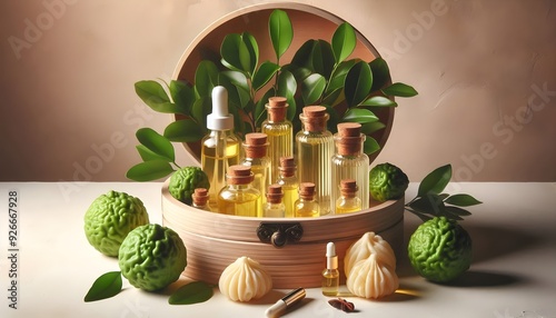 cosmetics product display, skin care, vials and oils, spa accessories, candles, herbs and stones, on a soft pastel background