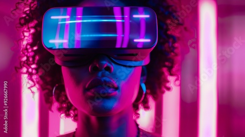 A woman wearing a virtual reality headset in a neon room