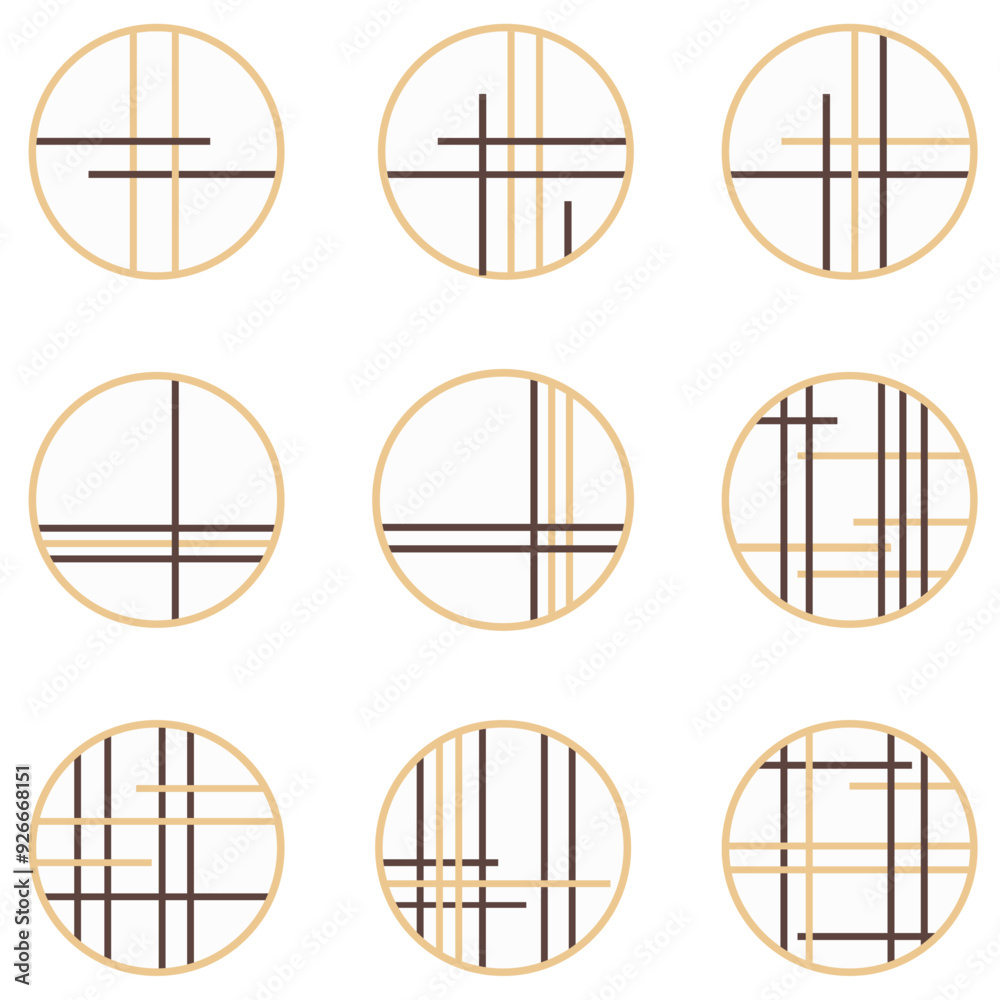 丸型の障子イラストセット　ベクター　丸型デザイン　和