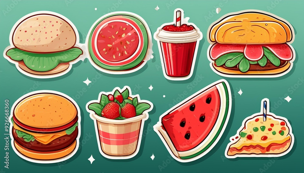 Food and drink stickers set for art and creativity projects with hamburger, watermelon, and pizza icons Food and drink stickers set for art and creativity projects with hamburger, watermelon, and pizza icons