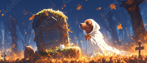 An adorable puppy, donned in a ghost costume made of a soft, translucent fabric, playfully peeking from behind an aged, moss-covered tombstone. The night sky is dotted with fluttering bats, and the photo