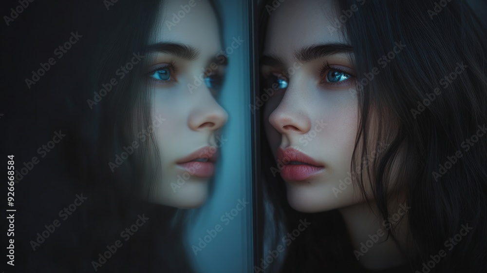 Contemplative Person Reflecting in Mirror, Self-Awareness and Emotional Understanding Concept Contemplative Person Reflecting in Mirror, Self-Awareness and Emotional Understanding Concept