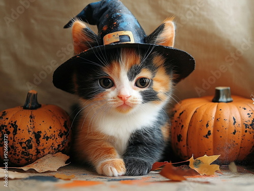 A fluffy calico kitten wearing an oversized witch's hat, surrounded by autumn leaves and pumpkins, with glittering magic dust floating around it, Halloween background  photo