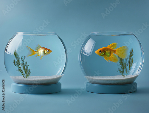 Two aquariums with yellow fish. Two different worlds. #926669108