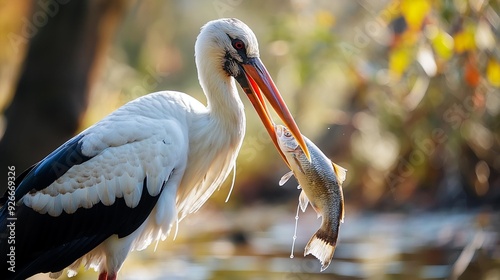 AI generator image of Egret eating fish,Great egret on the river eating fish photo