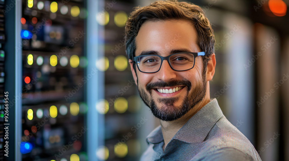 Smiling IT professional in a server room. Smiling IT professional in a server room.