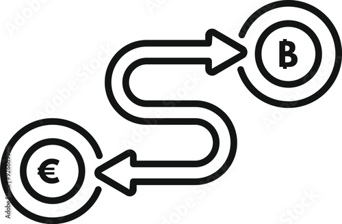 Line art vector of a currency exchange concept, showing the euro sign converting to the bitcoin cryptocurrency symbol