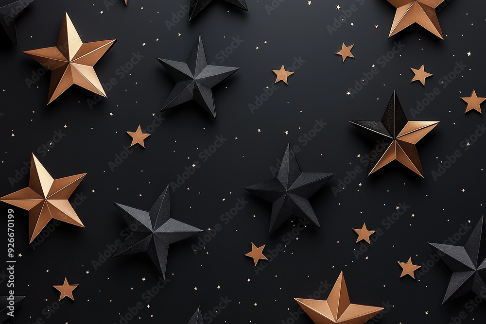 A minimalistic, modern background of black and gold stars on a dark surface. The image combines sharp contrasts and a luxurious feel, suitable for festive or celebratory themes. A minimalistic, modern background of black and gold stars on a dark surface. The image combines sharp contrasts and a luxurious feel, suitable for festive or celebratory themes.