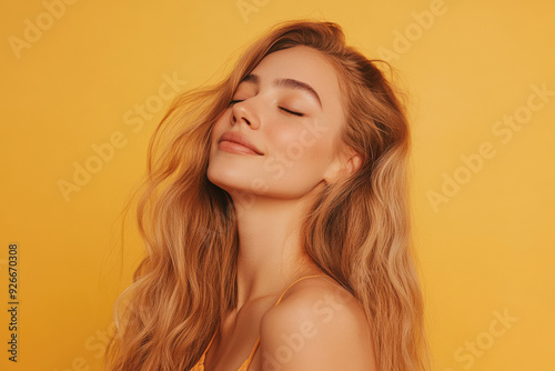 A close up of a black woman's face with her eyes closed and long blond hair