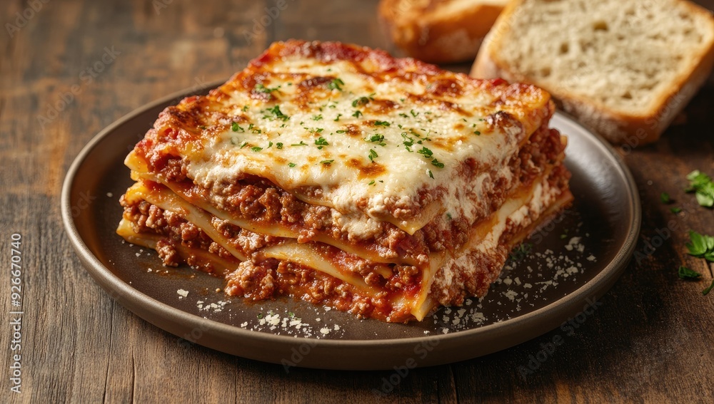 A plate of lasagna with parmesan cheese and parsley.