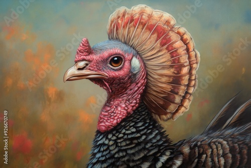 'A vibrant painting of a turkey, rendered in traditional folk art style. Rich colors and intricate patterns bring the bird to life.'