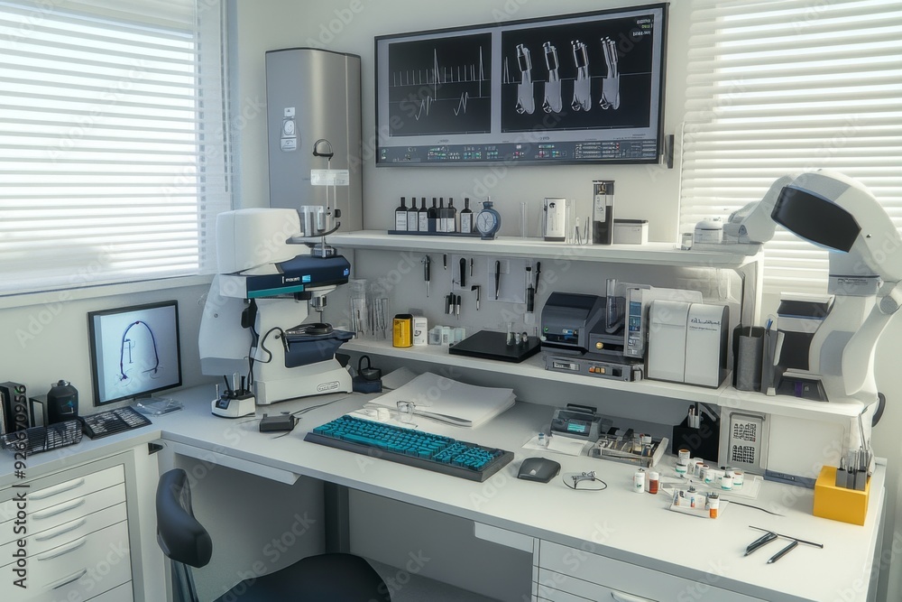 A modern laboratory workstation with a microscope, computer monitor, and various scientific instruments. A modern laboratory workstation with a microscope, computer monitor, and various scientific instruments.