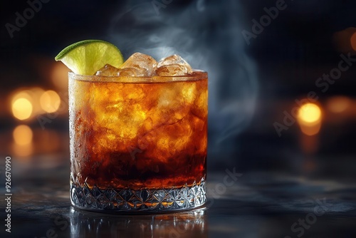 mysterious libation dark and stormy cocktail with swirling rum glistening ice and lime twist against dramatic black backdrop