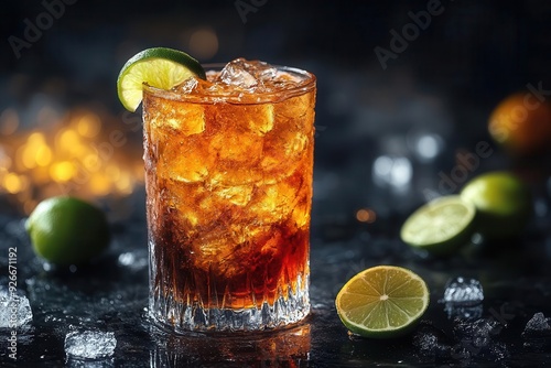 mysterious libation dark and stormy cocktail with swirling rum glistening ice and lime twist against dramatic black backdrop
