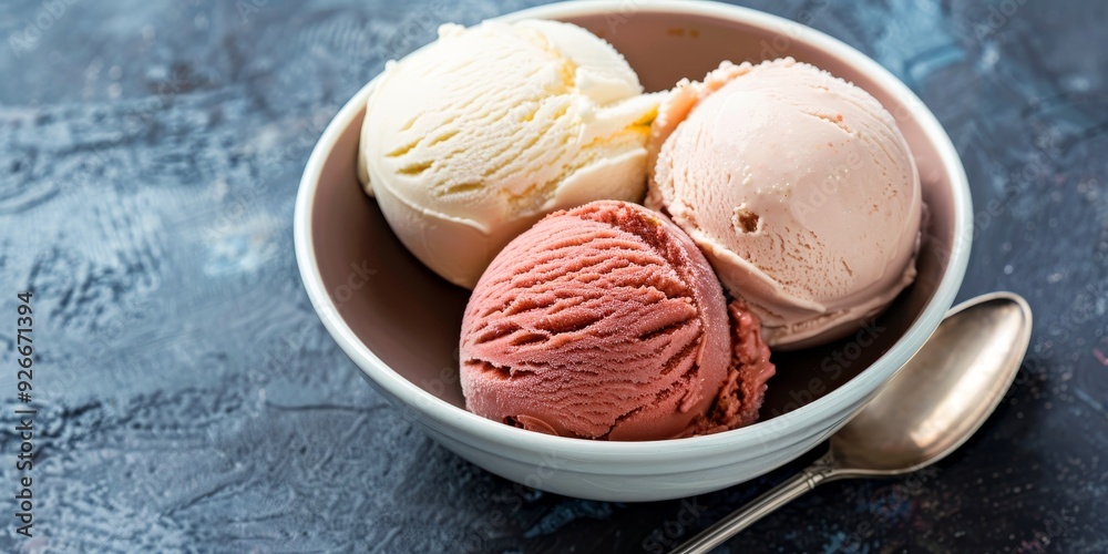 A delicious bowl of ice cream featuring three flavors: strawberry, vanilla, and chocolate, perfect for a sweet treat. A delicious bowl of ice cream featuring three flavors: strawberry, vanilla, and chocolate, perfect for a sweet treat.