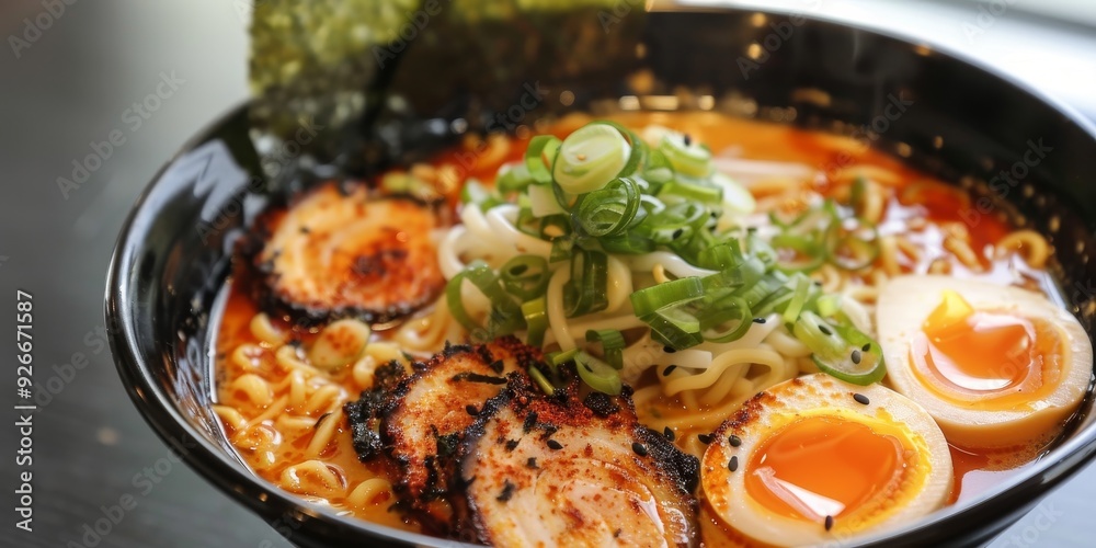 A delicious bowl of ramen featuring soft-boiled egg, tender pork, and fresh green onions, perfect for a comforting meal. A delicious bowl of ramen featuring soft-boiled egg, tender pork, and fresh green onions, perfect for a comforting meal.