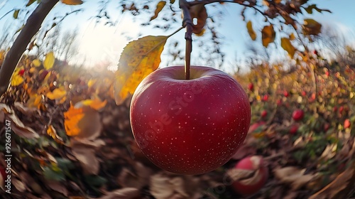 A Red Apple Hanging From a Branch in Autumn photo