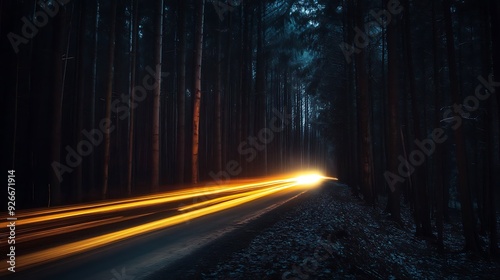 A Path Through a Dark Forest Illuminated by Headlights