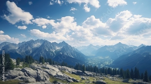 Tranquil Nature Landscape with Green Forest and Mountain Range