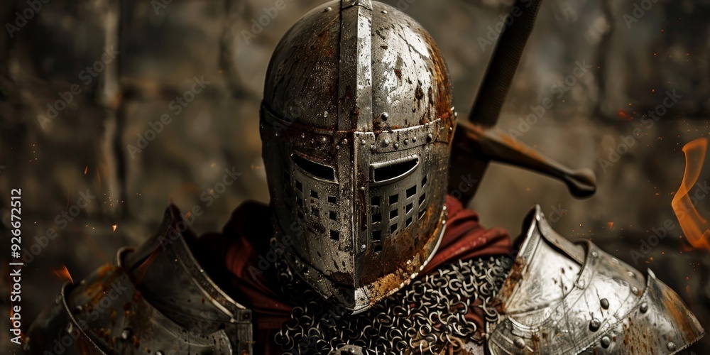 A detailed close-up of a medieval knight wearing an ornate helmet and armor, conveying strength and valor in battle. A detailed close-up of a medieval knight wearing an ornate helmet and armor, conveying strength and valor in battle.
