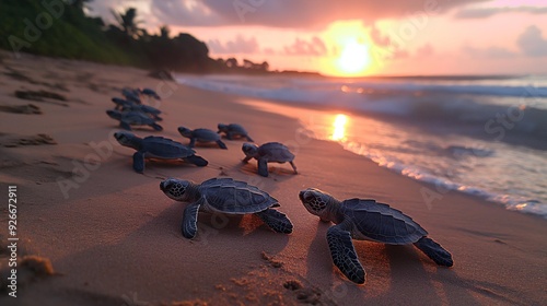 AI generator image of baby sea turtles such as Leatherback turtle, Green Turtle that have just hatched from their eggs under the sand. crawling into the sea to go live
