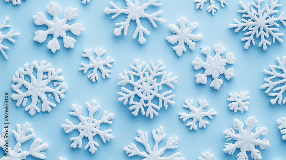 Overhead view of white snowflake decorations arranged on a light blue background, creating a clean and simple winter-themed image. Overhead view of white snowflake decorations arranged on a light blue background, creating a clean and simple winter-themed image.