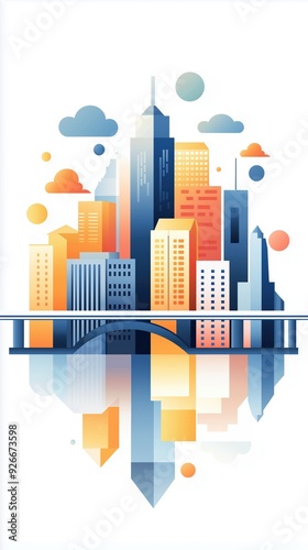 Dreamscape city, floating buildings and bridges, flat design illustration