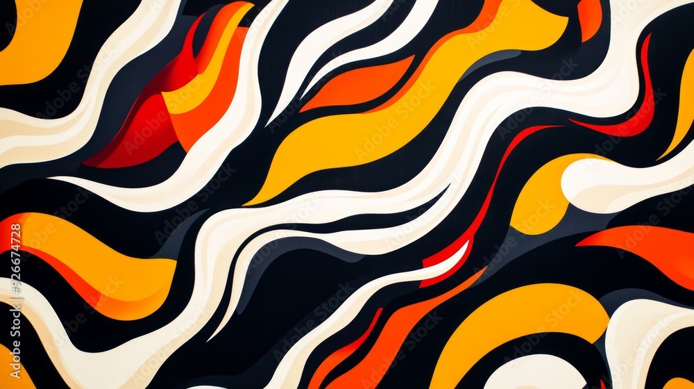 Abstract pattern with orange, yellow, red, black, and white wavy lines. Abstract pattern with orange, yellow, red, black, and white wavy lines.