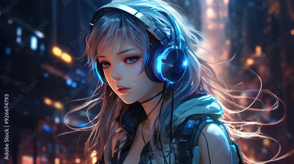 A happy woman with long blond hair, illuminated by blue lights. A happy woman with long blond hair, illuminated by blue lights.