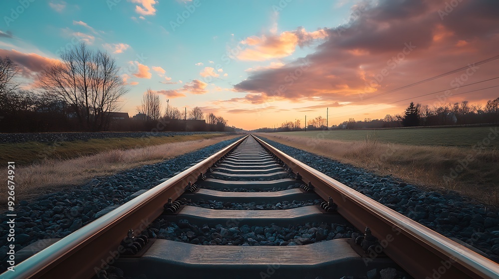 Fototapeta premium Railroad Tracks Leading Towards a Sunset Sky
