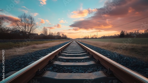 Railroad Tracks Leading Towards a Sunset Sky