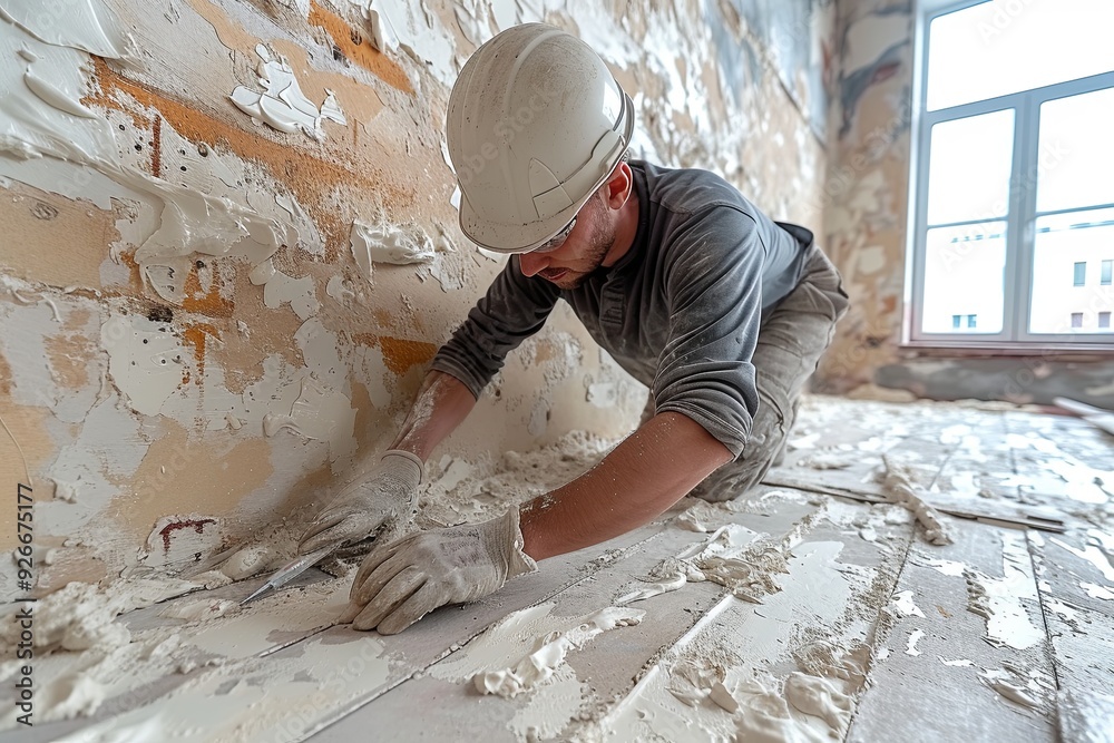 Man in a white helmet is in the process of repairing the wall Man in a white helmet is in the process of repairing the wall